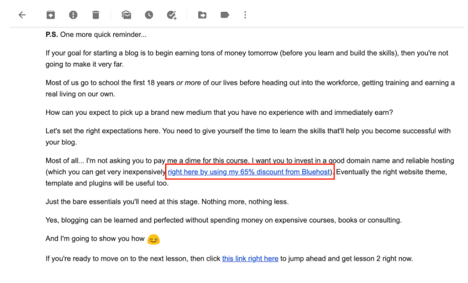 Example of an email campaign with affiliate links