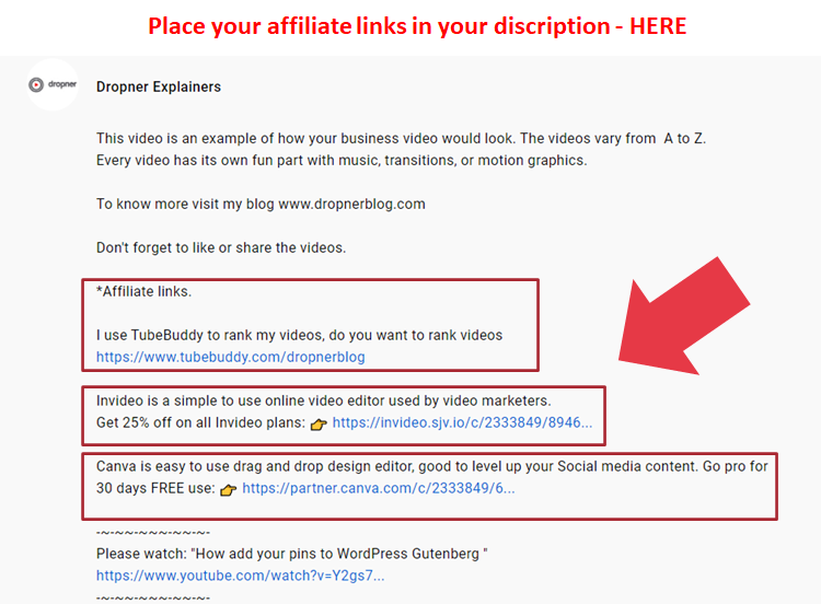 Video description with affiliate links