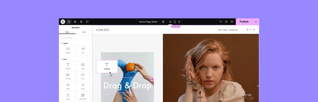 Elementor website builder interface showcasing a drag and drop feature, including a text heading and an image of a person, set against a purple background.