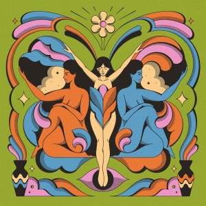 An illustration featuring three stylized female figures surrounded by colorful, abstract shapes and floral elements on a vibrant green background.