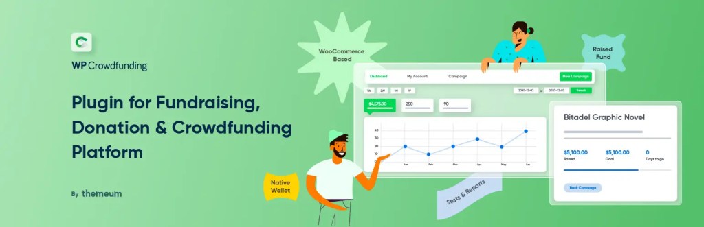 An illustration promoting the WP Crowdfunding plugin, highlighting its features for fundraising, donation, and crowdfunding within a WooCommerce environment.