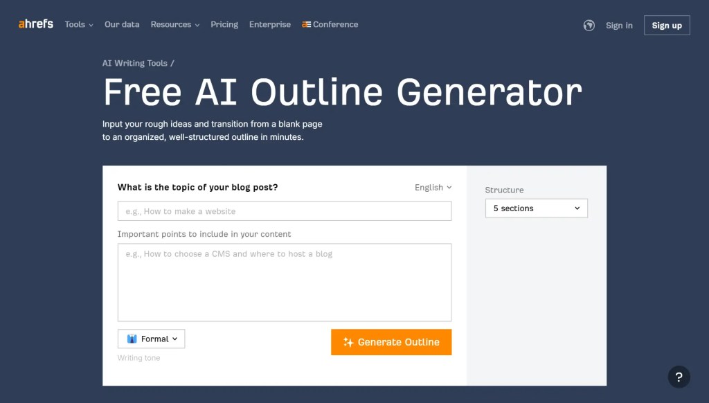 Screenshot of Arefs outline generator Good Content For Your Blog