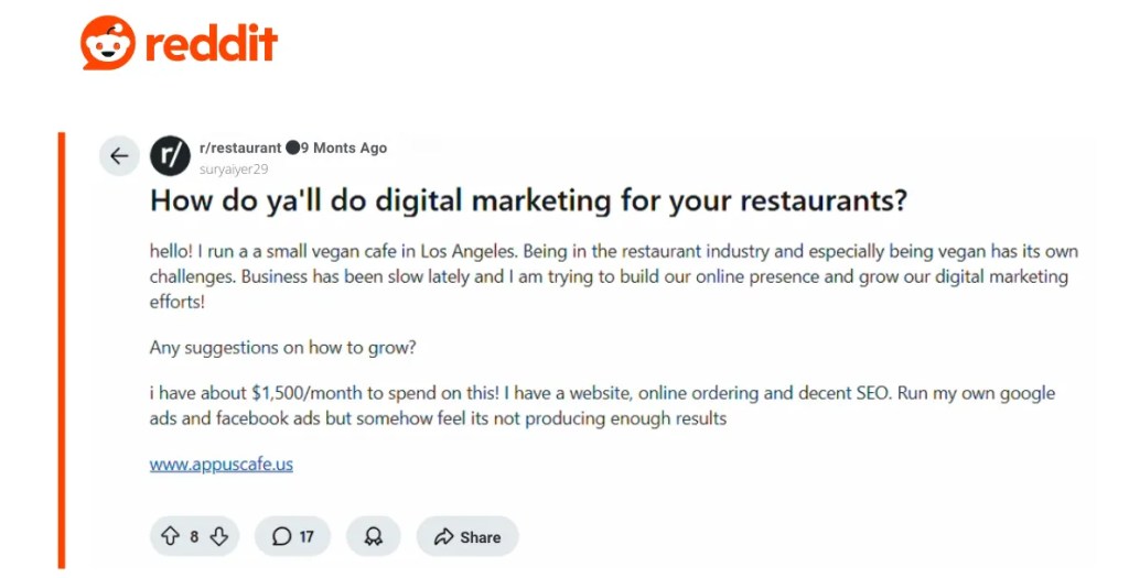 A Reddit post in the restaurant community discusses digital marketing strategies for a small vegan cafe in Los Angeles, highlighting challenges in attracting customers and seeking advice on improving online presence.