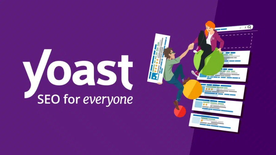 Illustration of the Yoast SEO brand, featuring two characters interacting and surrounded by elements representing SEO and search results.