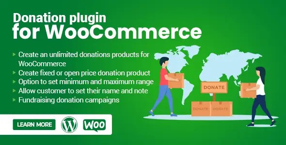 Graphic promoting a donation plugin for WooCommerce, featuring users carrying donation boxes near a world map, with text highlighting features such as creating unlimited donation products, setting price ranges, and allowing personalized notes.