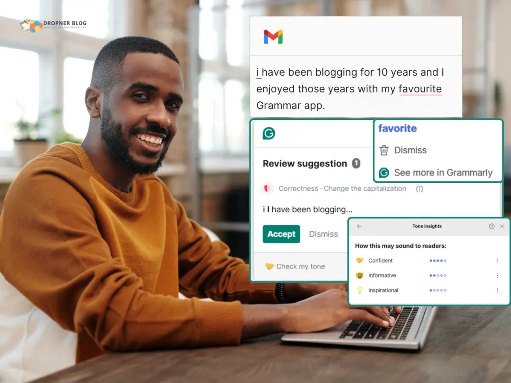 man die zit achter een laptop en hij maakt gerbruik van een Grammarly-free account en hij komt er achter hoe toepasselijk het is in gmail