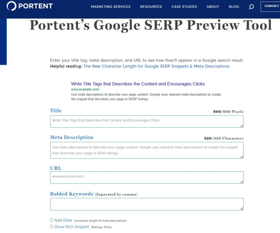 Screenshot of Portent's Google SERP Preview Tool interface, showing fields for title, meta description, URL, and options to add date and rich snippet.