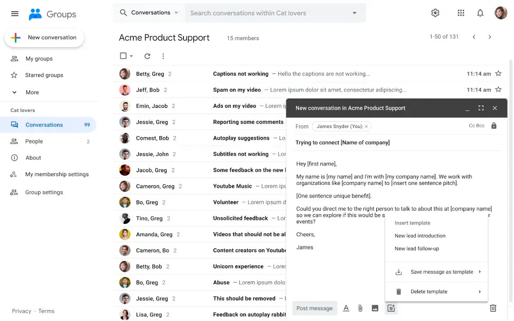 Screenshot of a messaging interface showing a group conversation titled 'Acme Product Support' with a list of members and messages.