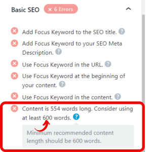 SEO word count = at least 600 SEO word count