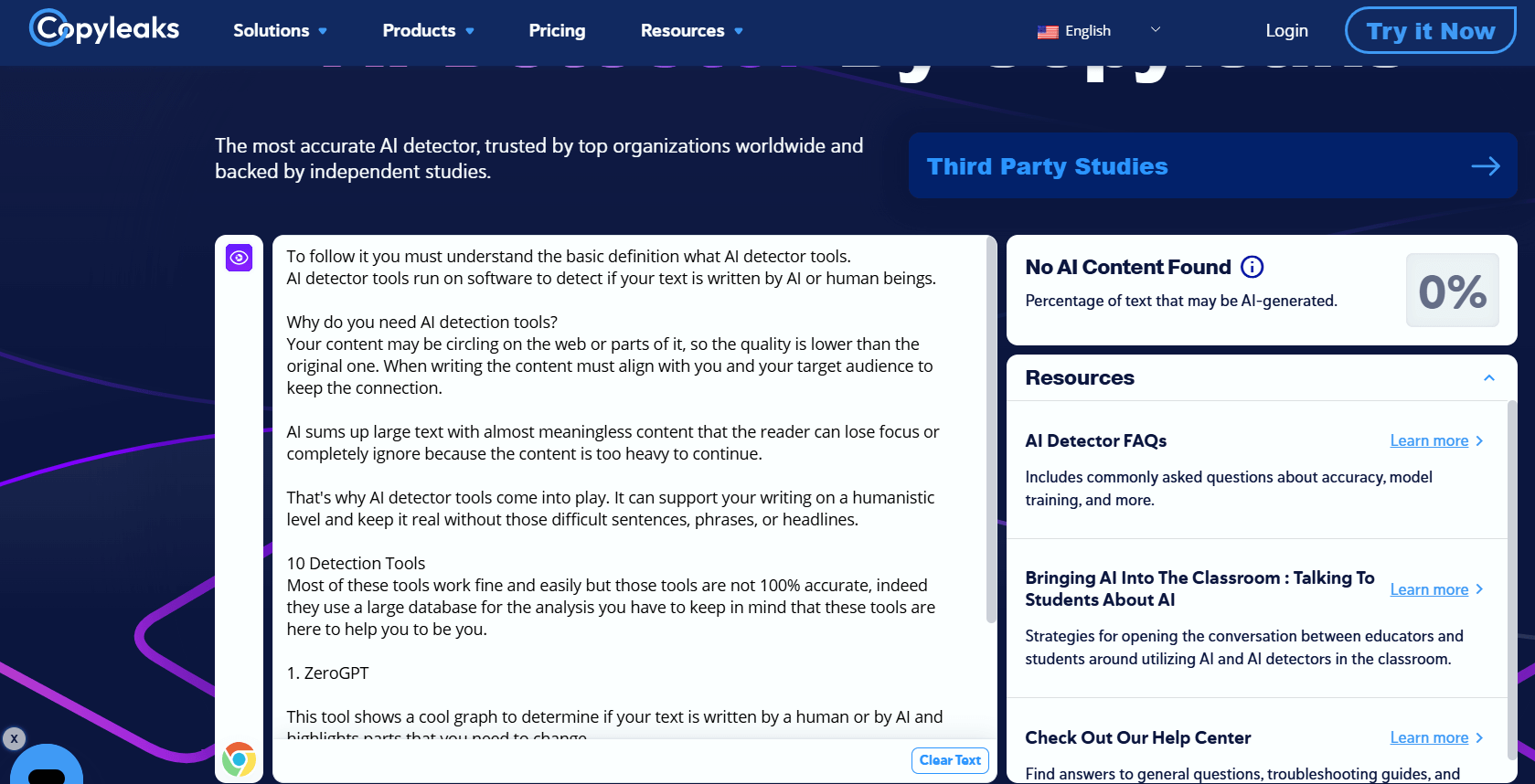 Screenshot of the CopyLeaks AI detection tool showcasing a report with a 0% AI content found message, along with text explaining AI detector tools.