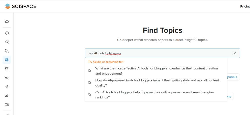 Screenshot of the SCISPACE interface displaying a search for 'best AI tools for bloggers' with suggested questions related to AI tools for bloggers.