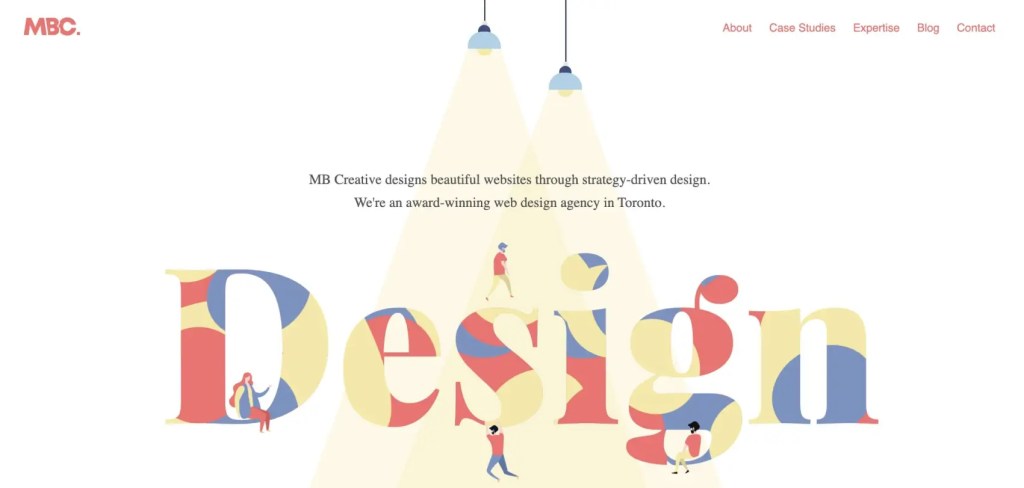 Homepage of MB Creative showcasing colorful typography and design elements, highlighting their web design services.
