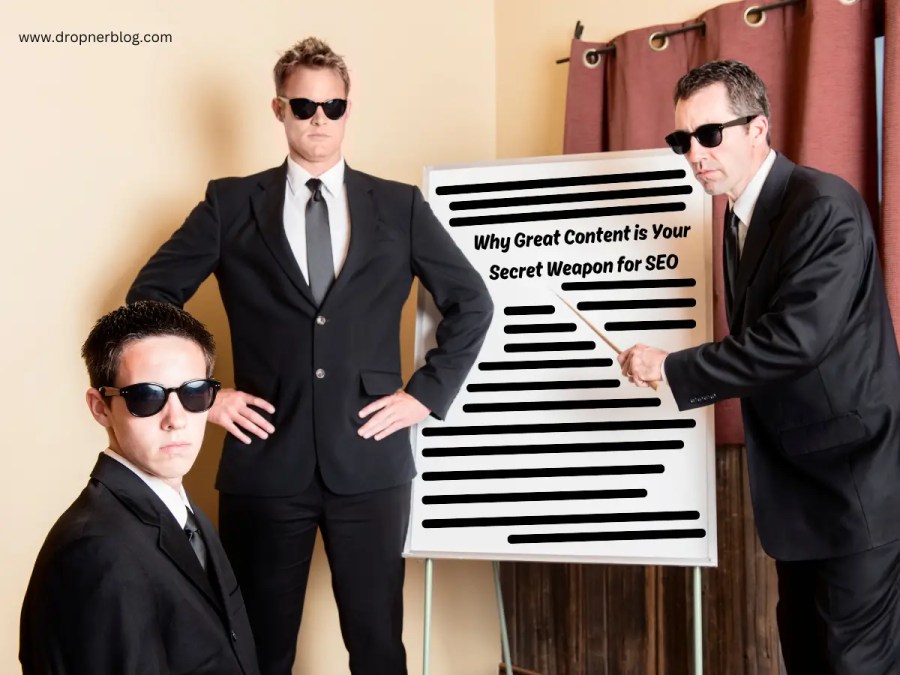 3 male persons with dark sun glasses pointing to a schoolboard with a secret messages the title of the message is Why Great Content is Your Secret Weapon for SEO