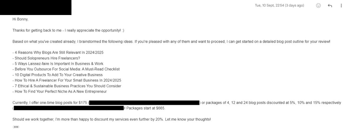 Screenshot of gmail inbox with an email about content prices 