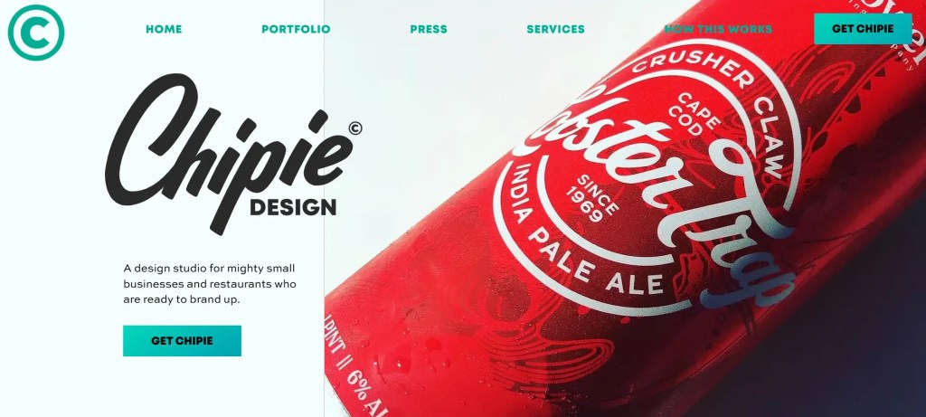 Homepage of Chipie Design showcasing a vibrant beer label with a bold logo and tagline, emphasizing their design services for small businesses.