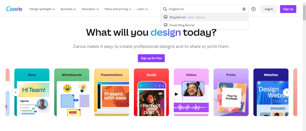Screenshot of the Canva design platform homepage, showcasing various design templates including docs, presentations, and social media graphics, with a search bar for finding specific design types.