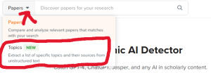 A screenshot of the SCISPACE AI detector interface highlighting the 'Papers' and 'Topics' sections for researching academic papers.