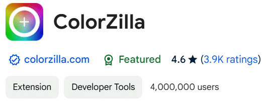 Logo and description for ColorZilla, a developer tool extension with 4.6 star ratings and 4,000,000 users.