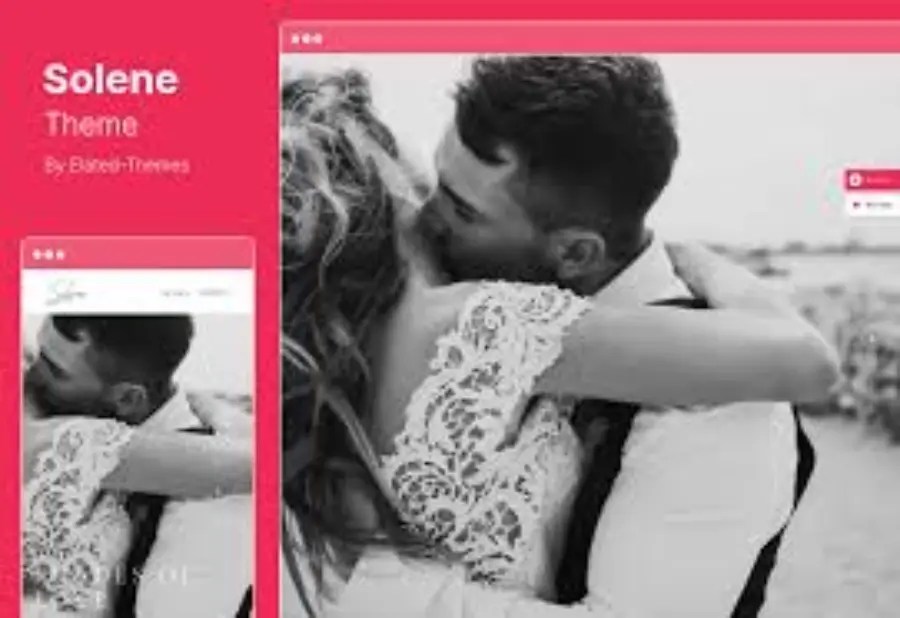 A mockup of the Solene WordPress theme, featuring a romantic black-and-white photograph of a couple embracing, along with the theme title and branding details.