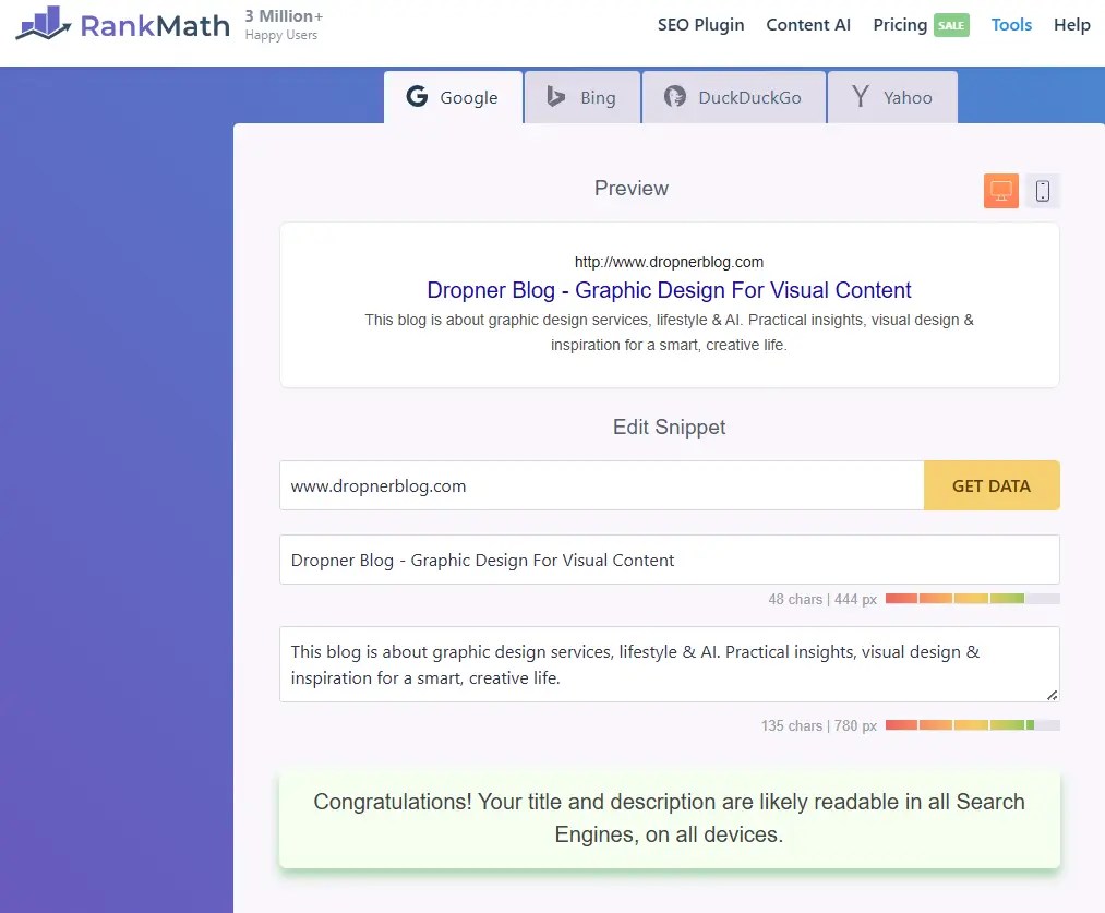 SERP preview tool interface displaying input fields for URL, title, and description, with a visual preview of how the content will appear in Google search results.