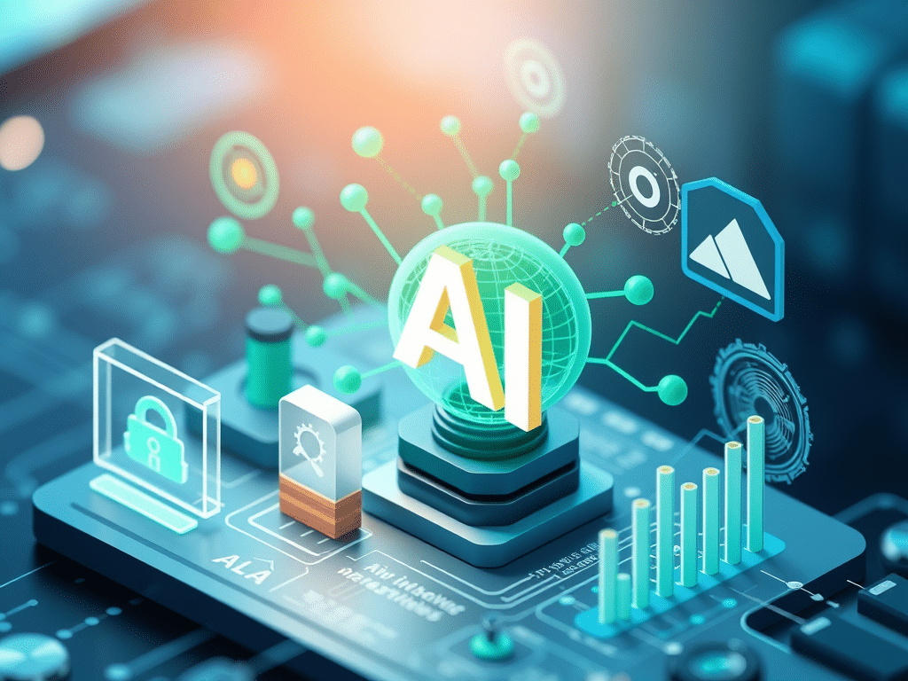 highly detailed and sharp-focused featured image for a blog post titled "8 New AI Optimization Strategies in 2025." The image should highlight the concept of AI and its impact on digital marketing, featuring symbols of AI technology like neural networks, search intent visualization, and graphs demonstrating optimization strategies. The background should have soft, ambient lighting to convey a professional and modern feel, with a blend of blue and green tones to represent technology and growth. Please ensure the image is in high resolution and finely detailed, capturing the essence of innovation in AI.