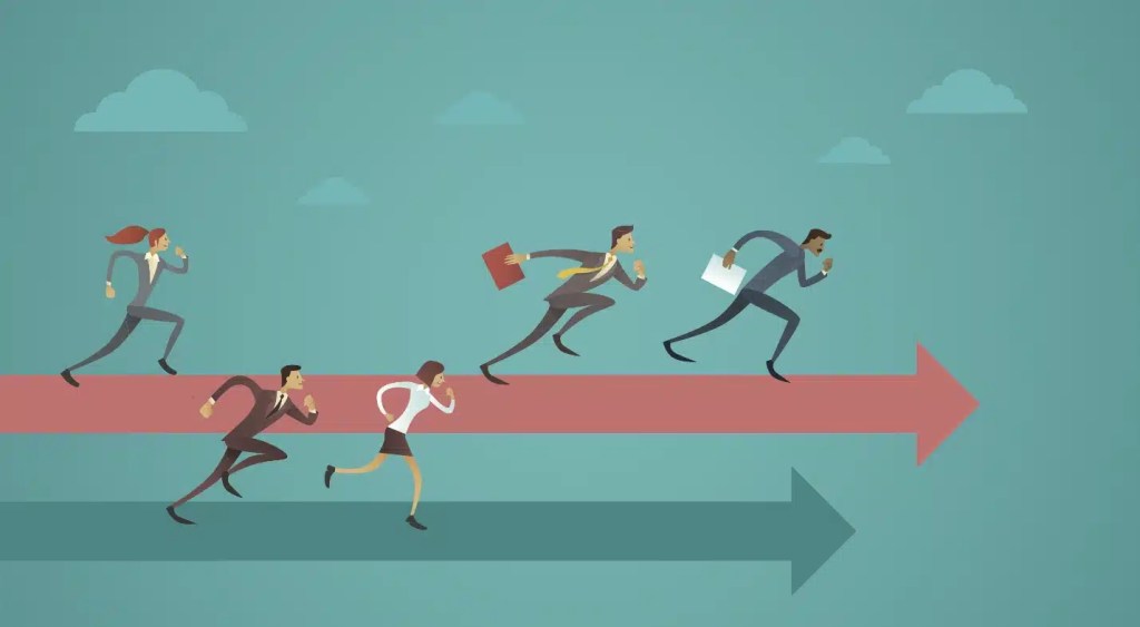 Arrow representing business success with professionals running to stay ahead.