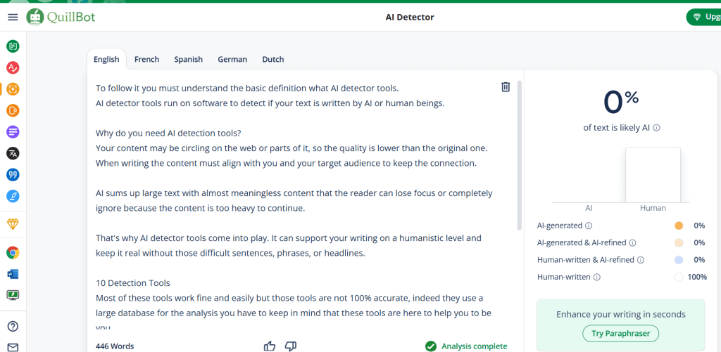 Screenshot of the QuillBot AI Detector tool interface, displaying text analysis results showing the percentage likelihood that the text is AI-generated versus human-written.