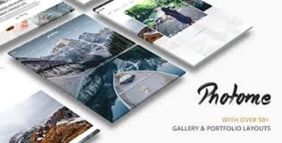 A promotional graphic showcasing the Photome WordPress theme, featuring various photography portfolio layouts and a sleek design.
