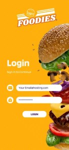 Login screen for a food-related app featuring a colorful food graphic and input fields for email and password.