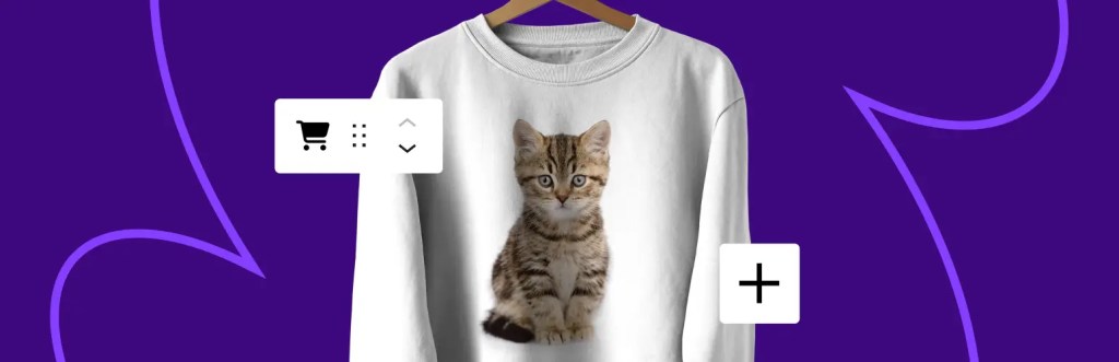 A white sweatshirt featuring a cat graphic displayed against a purple background, with icons for a shopping cart and additional options.