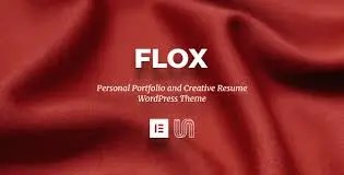 The image features the word 'FLOX' prominently displayed on a red fabric background, indicating it is a personal portfolio and creative resume WordPress theme.