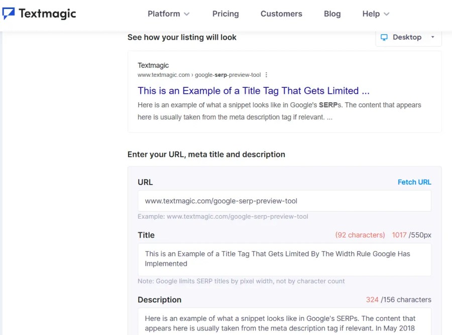Screenshot of the Textmagic SERP preview tool interface showing a simulated Google search result with a title and description input area.