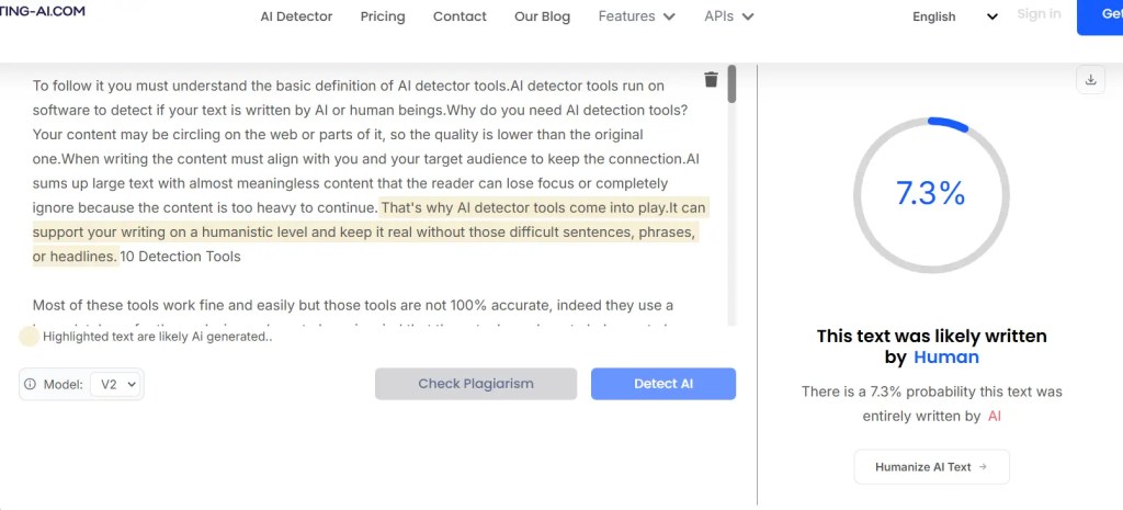 Screenshot of Detector-AI with a stats bar showing if the text is written by AI or human.