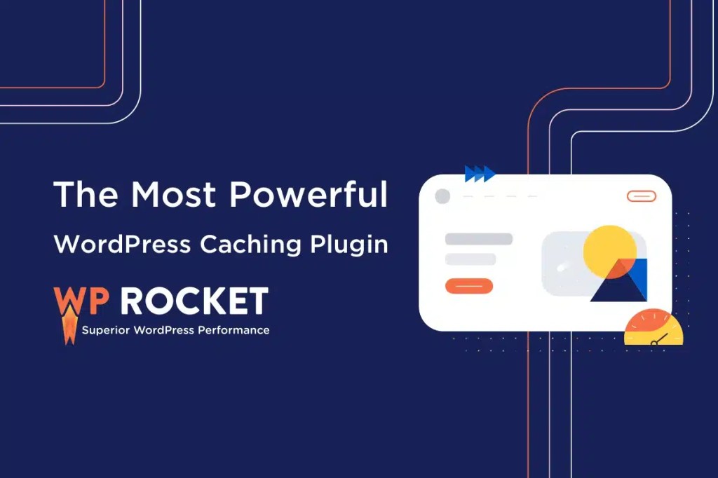 An illustration promoting the WP Rocket caching plugin for WordPress, featuring a modern design with geometric shapes and the text 'The Most Powerful WordPress Caching Plugin' along with the WP Rocket logo. Top Design-Focused Plugins