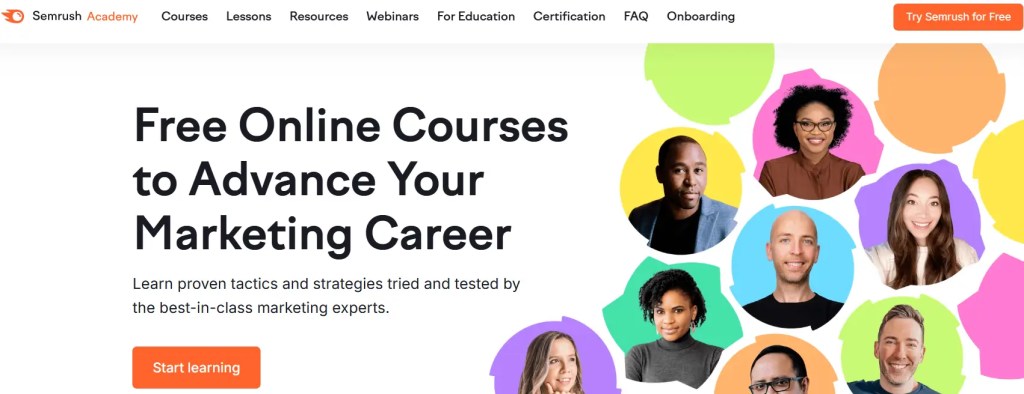 Homepage of Semrush Academy highlighting free online courses to enhance marketing skills, featuring diverse individuals in colorful circles.