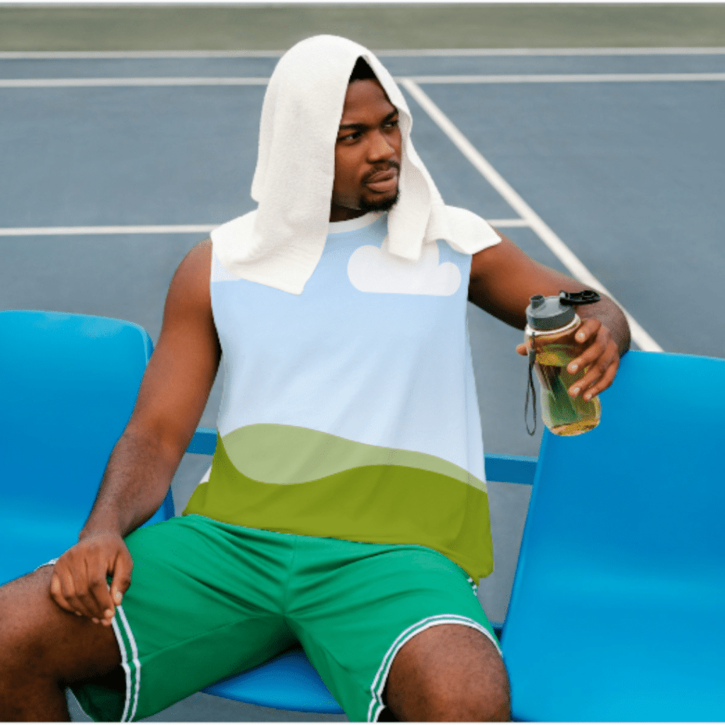 Basketballer sitting on a blue bench resting Canva mock up