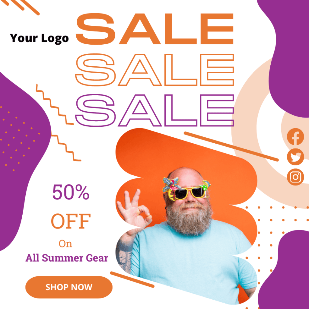 sale social media design template for Facebook color orange and purpule