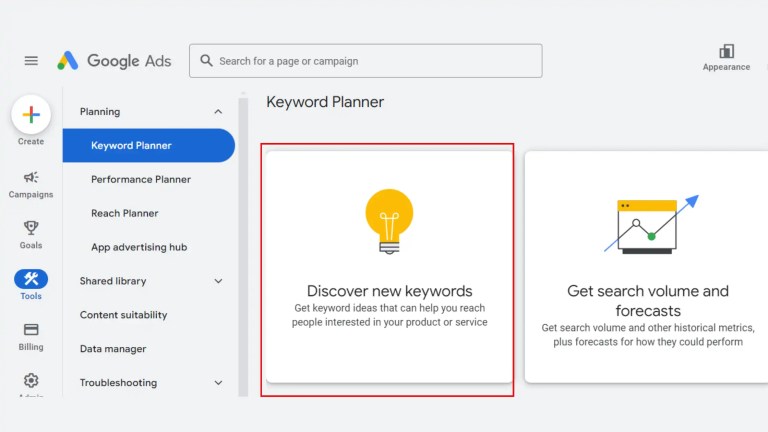 Start keyword search in Google Keyword planner