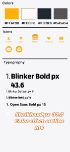 Color palette and typography guide featuring text styles and icons for app design.