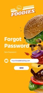 Mobile app login page design featuring a vibrant orange background, a burger illustration, and fields for 'Forgot Password' and user email input.