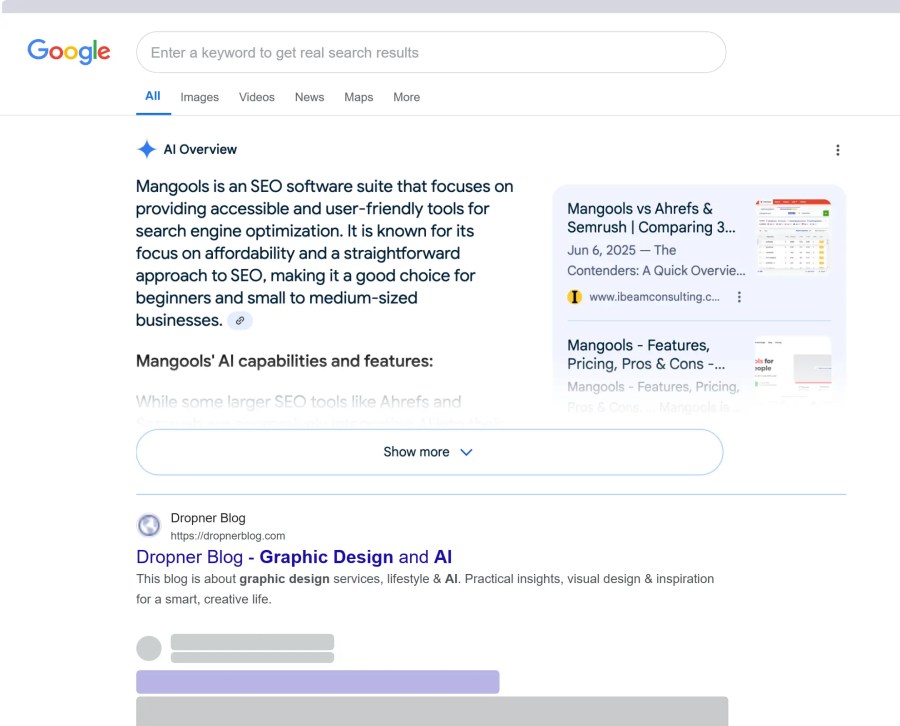Screenshot of a Google Search results page featuring an overview of Mangools, an SEO software suite.