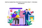 Digital marketing strategy versus tactics illustration with two marketers, target, and charts