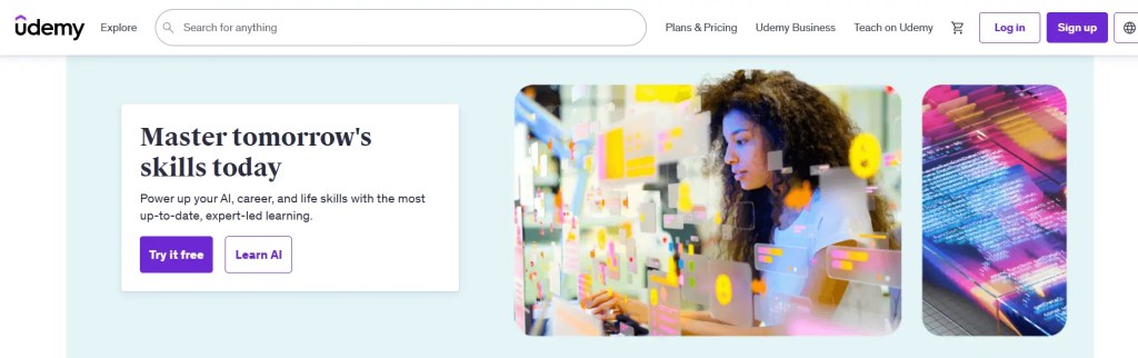 Udemy website interface showcasing courses with a focus on skill development, featuring a diverse range of educational graphics.