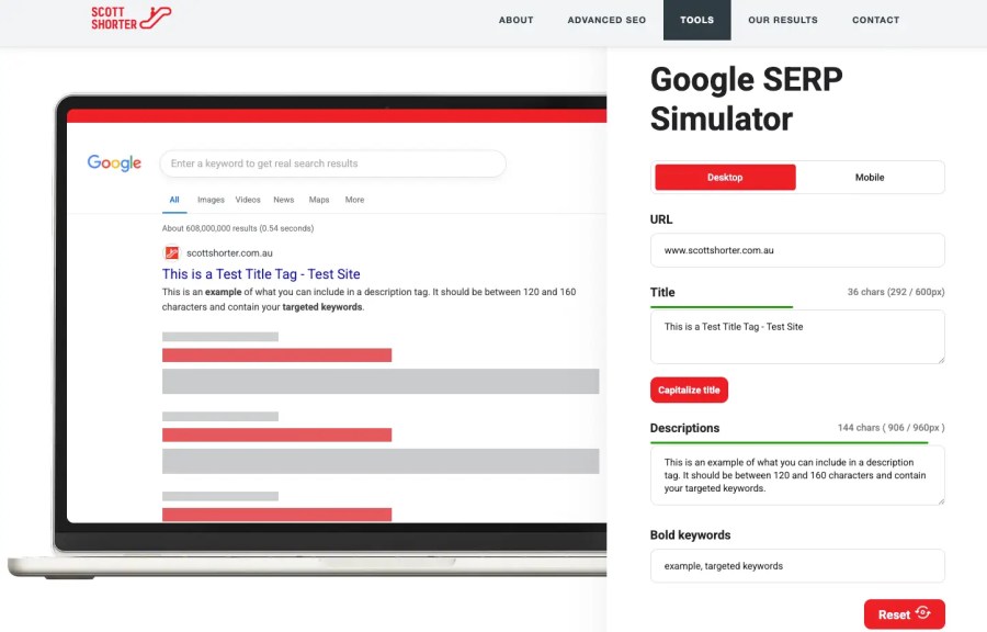 Screenshot of Scott Shorter's Google SERP Simulator, showcasing title and description input fields for SEO optimization.