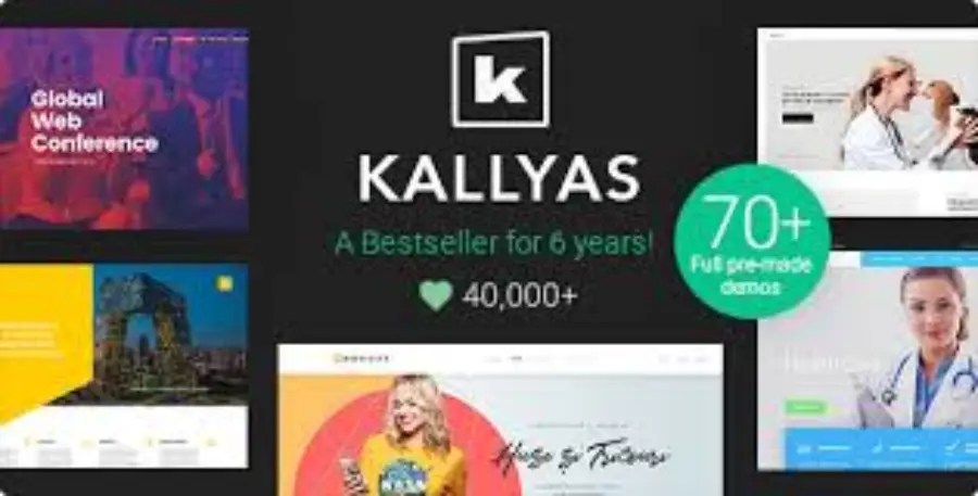 Kallyas WordPress theme promotional image showcasing various demo layouts for different industries.