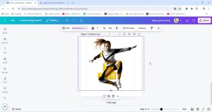 Computer display featuring woman in yellow and black clothing.