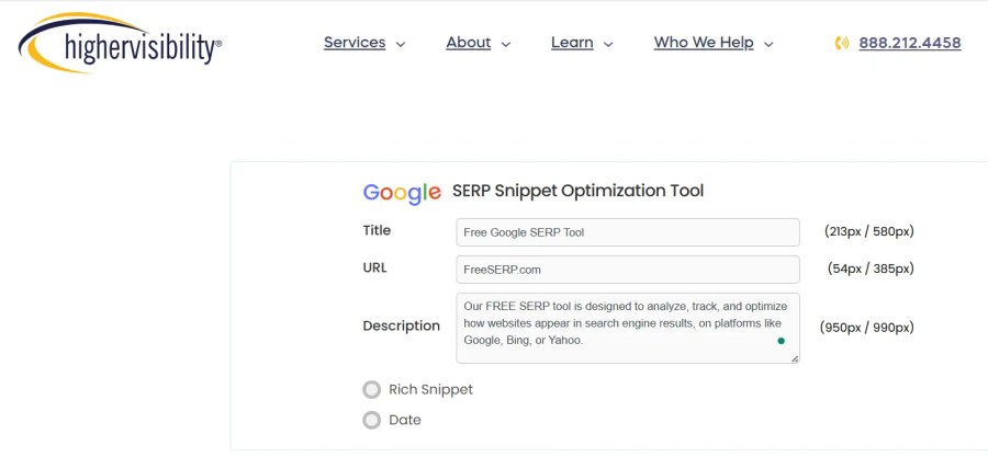 Screenshot of a SERP snippet optimization tool interface showing fields for Title, URL, and Description with options for Rich Snippet and Date.
