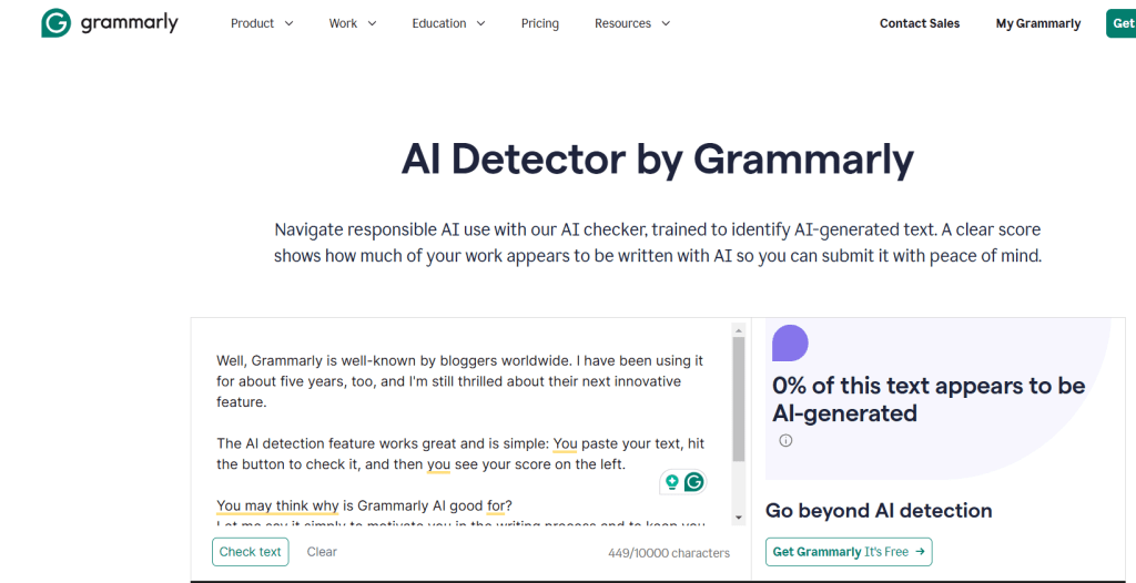 Screenshot of Grammarly's AI Detector tool interface, showcasing features to identify AI-generated text and displaying the percentage of text suspected to be AI-generated.