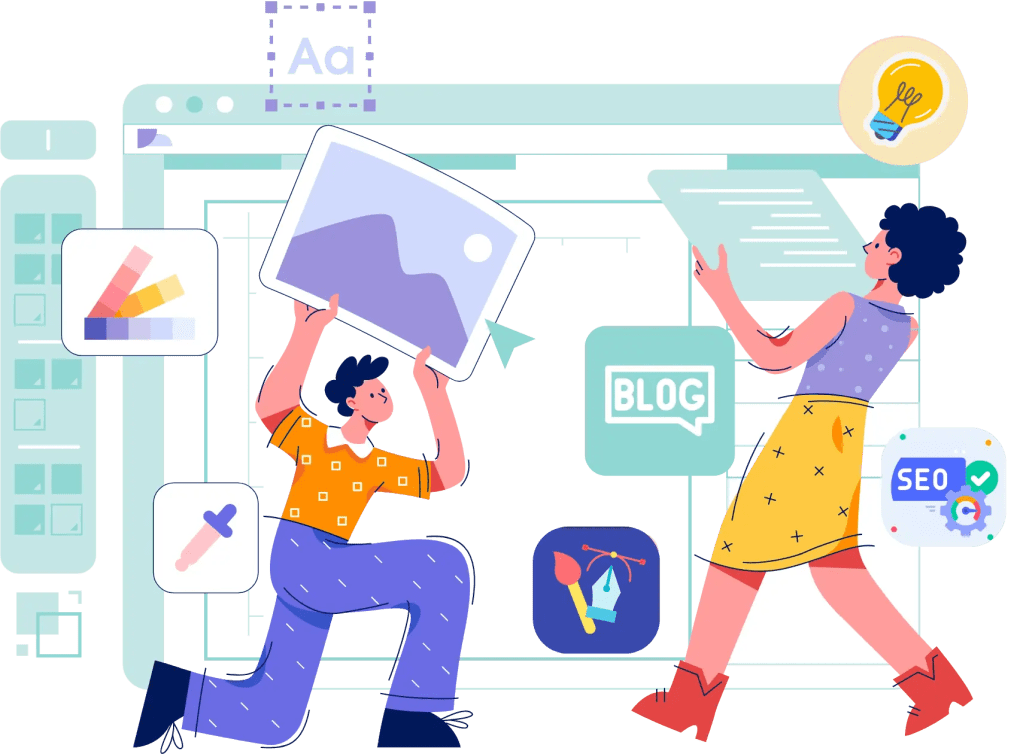 Image of 2 cartoon people working on a web layout.