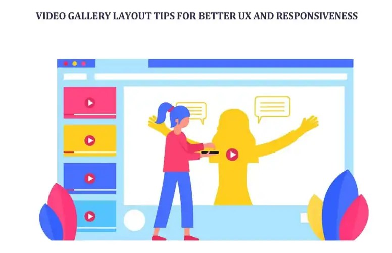 Colorful illustration of a video gallery interface showing thumbnails, a person watching a video, and header text about UX and responsive design tips.